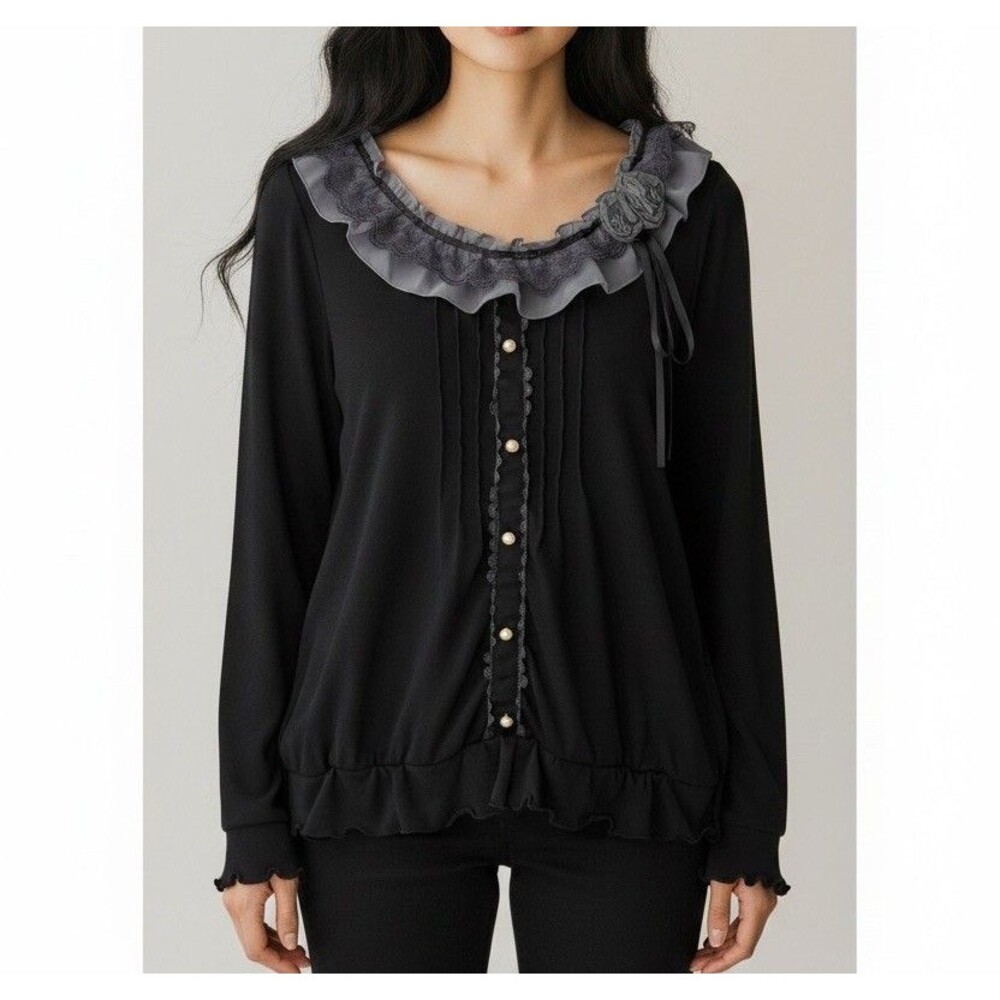 axes femme Blouse Top Ruffle Neck Buttons Meduum Black Gray Long Sleeve